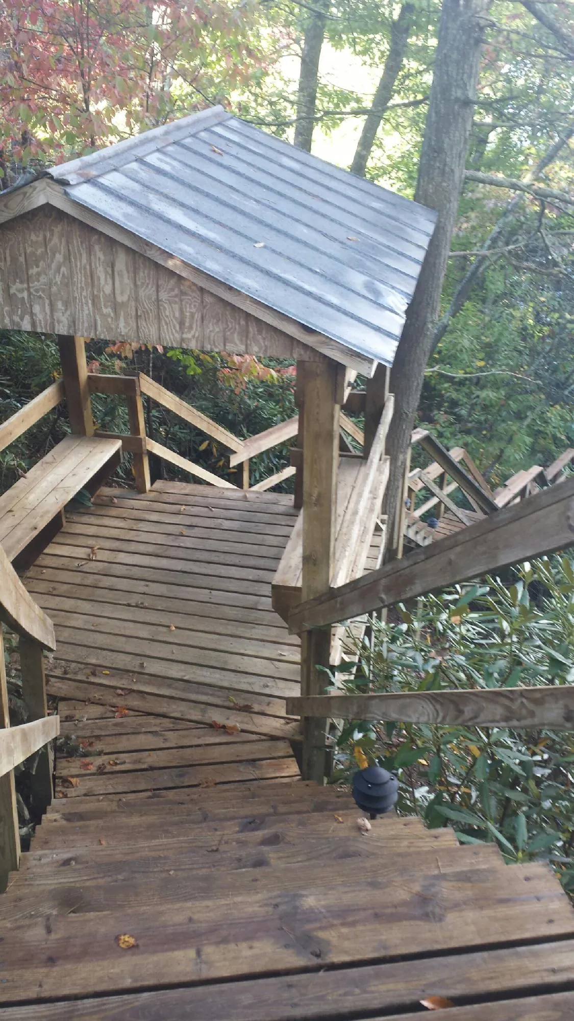 Metal roofed shelter over wooden steps on a wooded walkway — Skylight Repair & Installation work by our crew in Cedar Valley